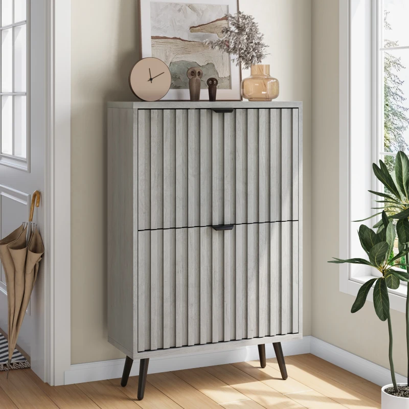 Streamlined Concealed Shoe Cabinet with 2 Flip Drawers, Secure Freestanding Storage Cabinet for Hallway Porch, 60L x 24W x 94H cm, Gray