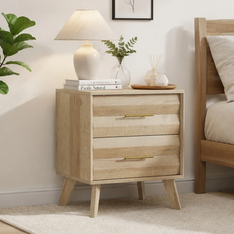 Minimalist Oak Double Drawer Bedside Table with Metal Handles, Modern Bedside Storage Cabinet for Bedroom, 50L x 40W x 58H cm, Oak