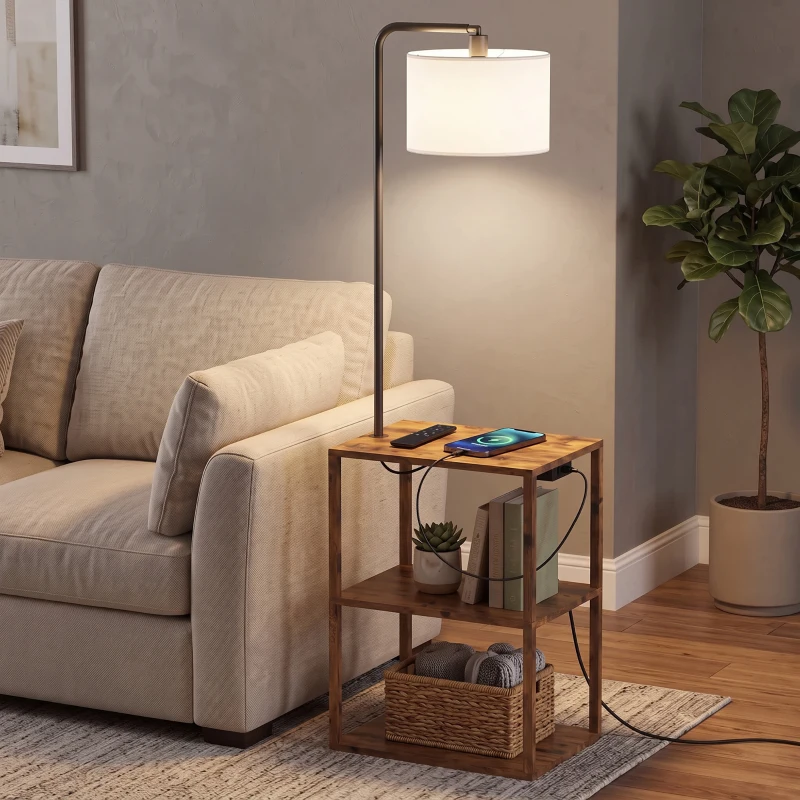 HOMCOM Dimmable Floor Lamp with Shelves, Charging Station, 3-Tier Storage Table, Adjustable Fabric Lampshade, Rustic Brown