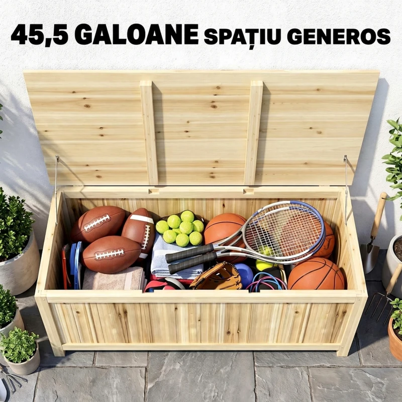 Outsunny Bancă de Depozitare pentru Grădină de 172L din Lemn de Brad, 120x55x45cm, Culoare Lemn