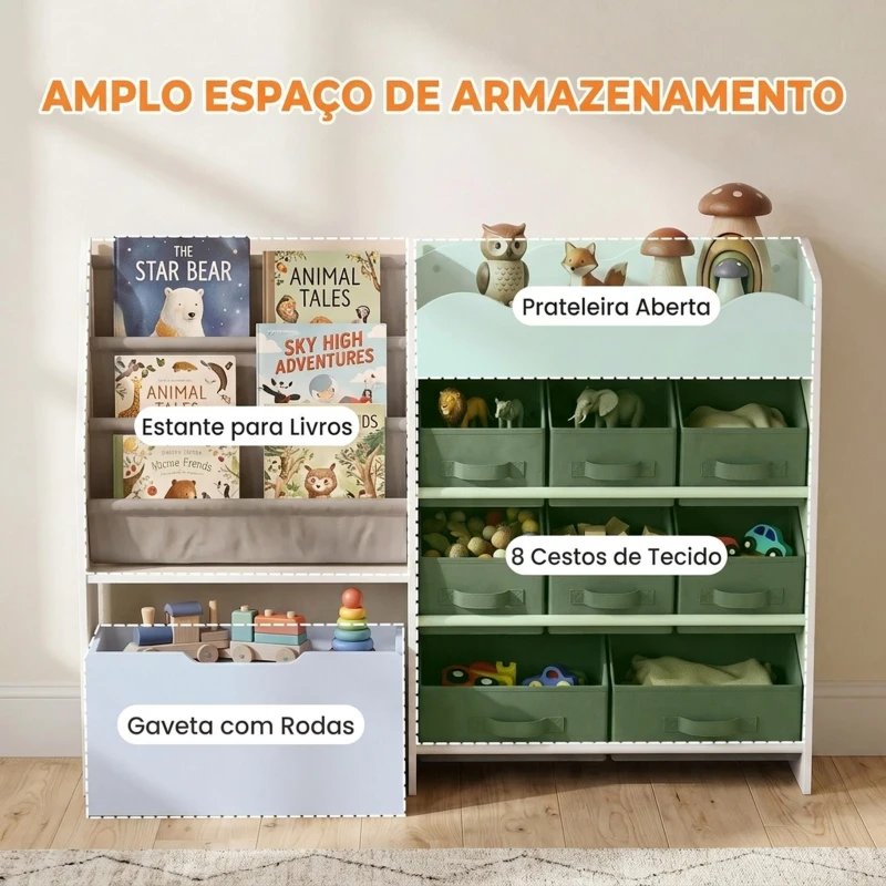 AIYAPLAY Organizador Infantil com Estante para Livros 8 Caixas de Tecido Gaveta com Rodas e Prateleira Branco