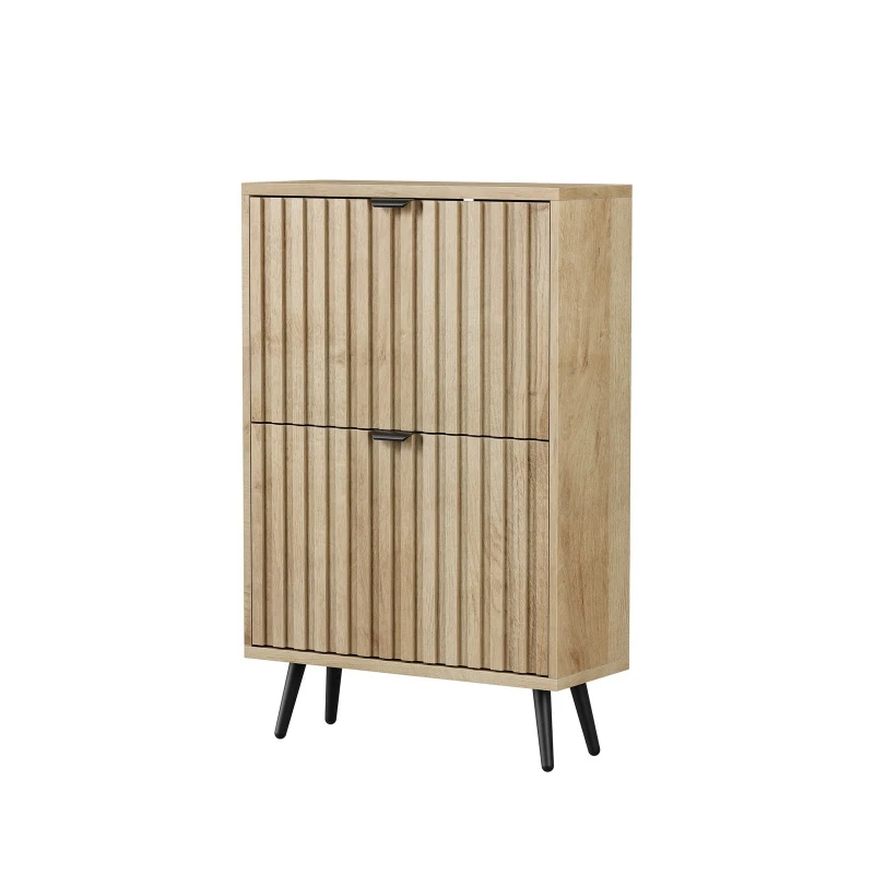 Slimline Oak Freestanding Shoe Cabinet with 2 Tilt-Out Compartments, Mid-Century Shoe Organizer for Hallway Porch, 60L x 24W x 95H cm, Oak
