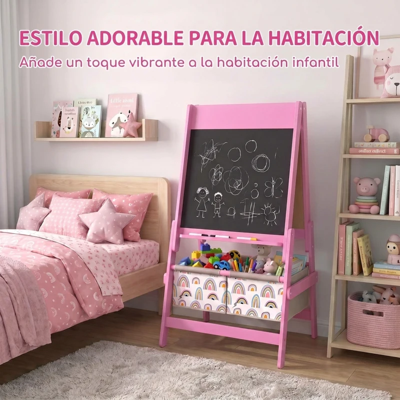 AIYAPLAY Pizarra Infantil 3 en 1 Doble Cara con Pizarra Blanca y Negra Caballete de Madera con Rollo de Papel 2 Cestas Rosa