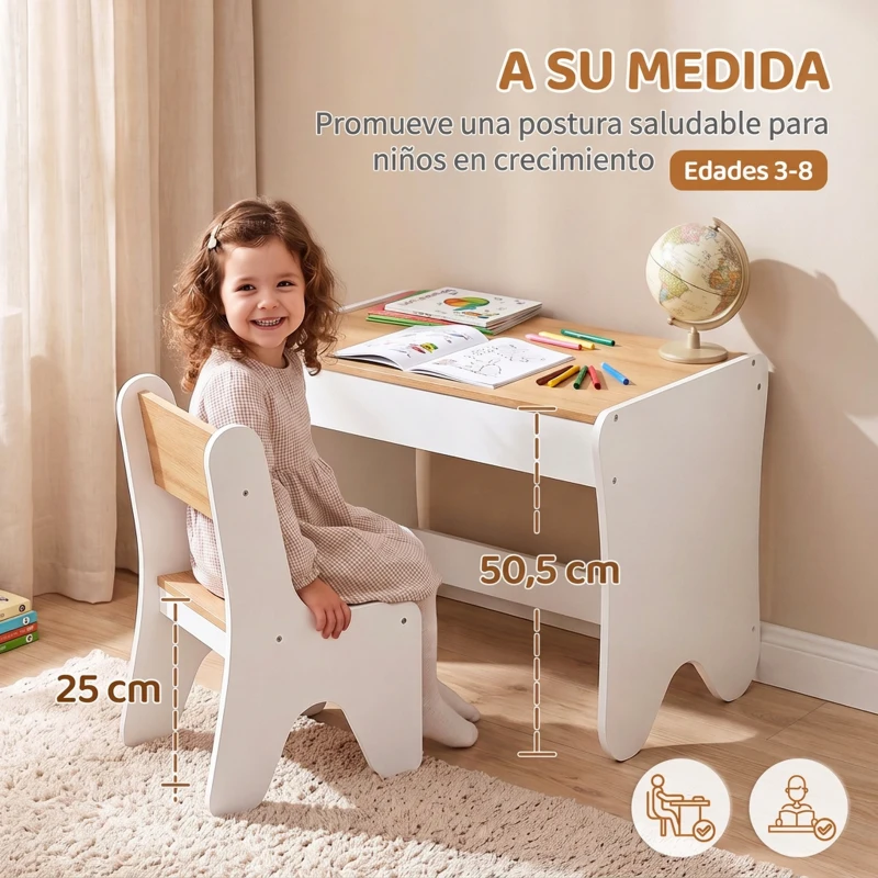 AIYAPLAY Juego de Mesa Infantil con Silla con Cajón Mesa y Silla Infantil Montessori 3 a 8 Años Blanco y Madera Natural