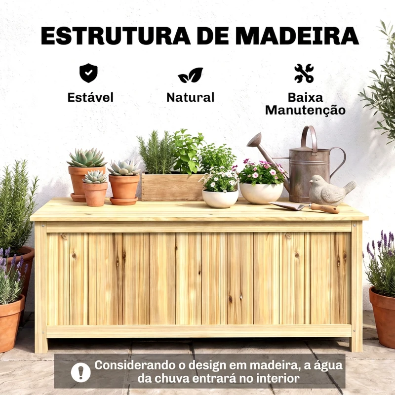 Outsunny Baú de Armazenamento Exterior em Madeira 172 L com Tampa Articulada Resistente às Intempéries para Jardim Madeira