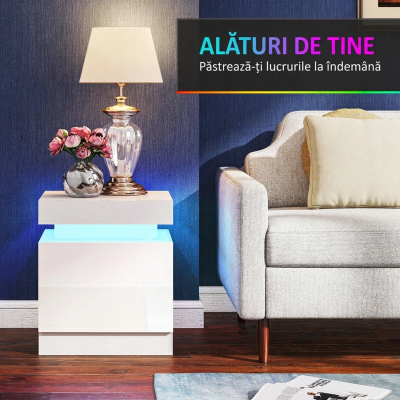 HOMCOM Noptieră albă cu lumină LED, finisaj frontal lucios, 2 sertare, pentru living și dormitor