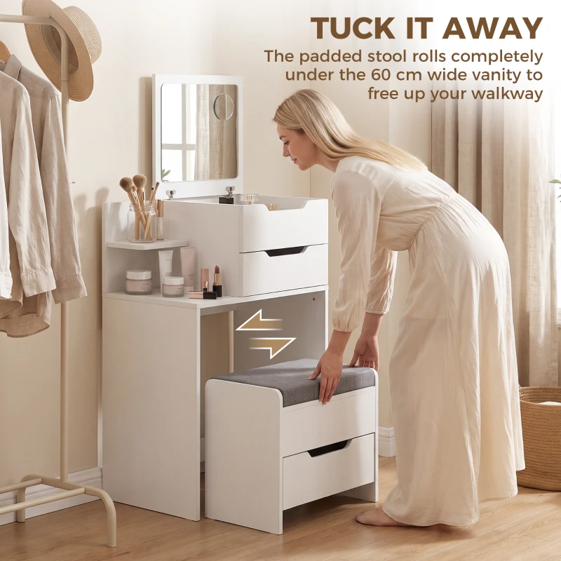 HOMCOM Vanity Desk Flip Top Hidden Mirror Vanity Rolling Stool Open Shelf White Wood Effect