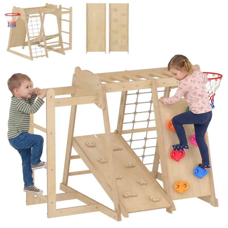AIYAPLAY 7-w-1 Montessori zestaw wspinaczkowy do domu, drewniany plac zabaw z zjeżdżalnią, ścianką wspinaczkową, drążkami i koszem do koszykówki, drabinką