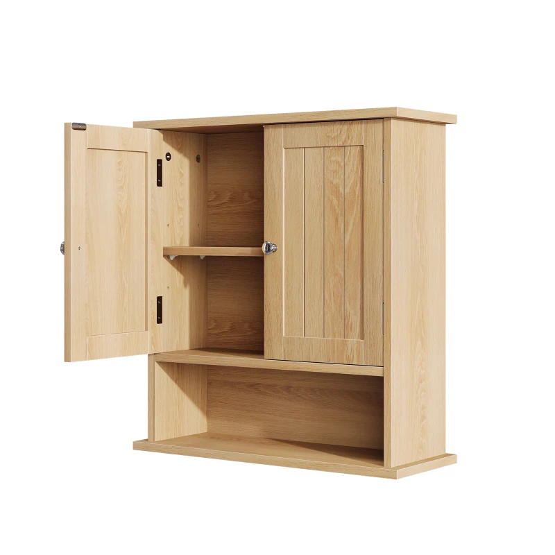 Wall-Mounted Vanity with Double Doors and Adjustable Shelf, Waterproof Wall Cabinet for Bathroom and Kitchen, 55L x 20W x 60H cm, Oak