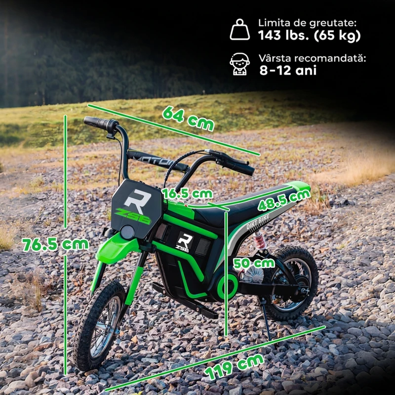 HOMCOM Motocicletă Electrică pentru Copii cu Accelerație Manuală, 2 Viteze, 8-16 km/h, Vârsta 8-12 Ani, Verde