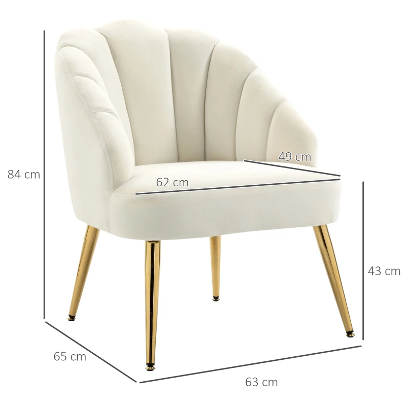 HOMCOM Fauteuil Salo, Fauteuil Coquillage Rembourré en Velours avec Pieds Dorés en Acier, 63 x 65 x 84 cm, Crème