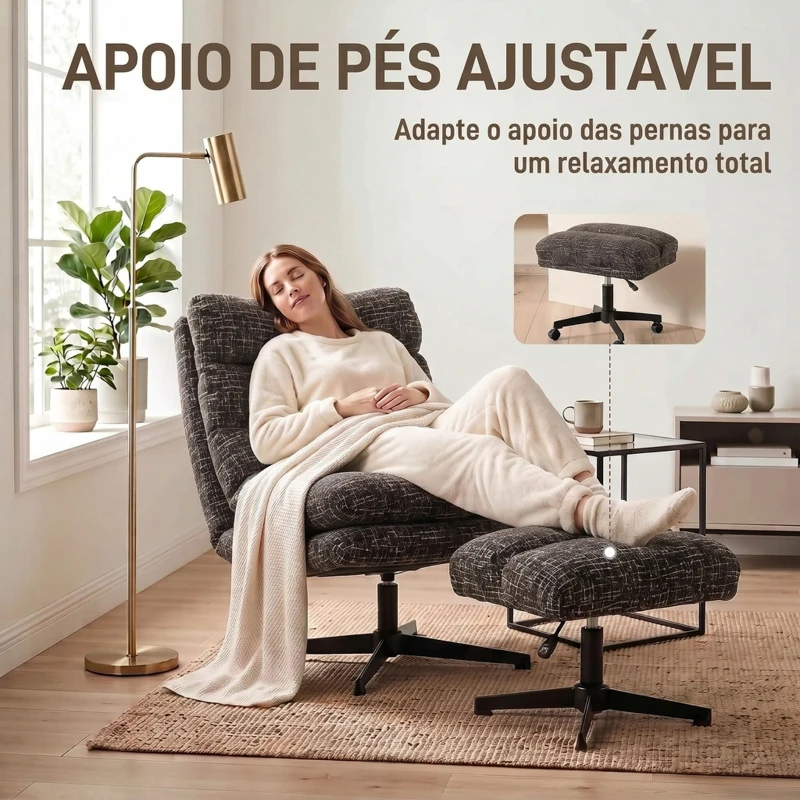 HOMCOM Poltrona Giratória em Chenille com Apoio para os Pés Ajustável Acolchoamento Espesso Cinza