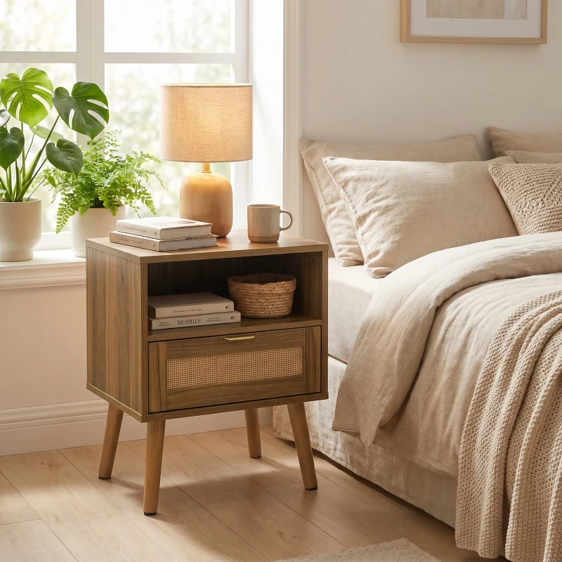 Boho Rattan Nightstand with Rattan Drawer, Open Shelf and Gold Handles, Mid-Century Bedside Table for Bedroom, 45L x 40W x 55H cm, Walnut