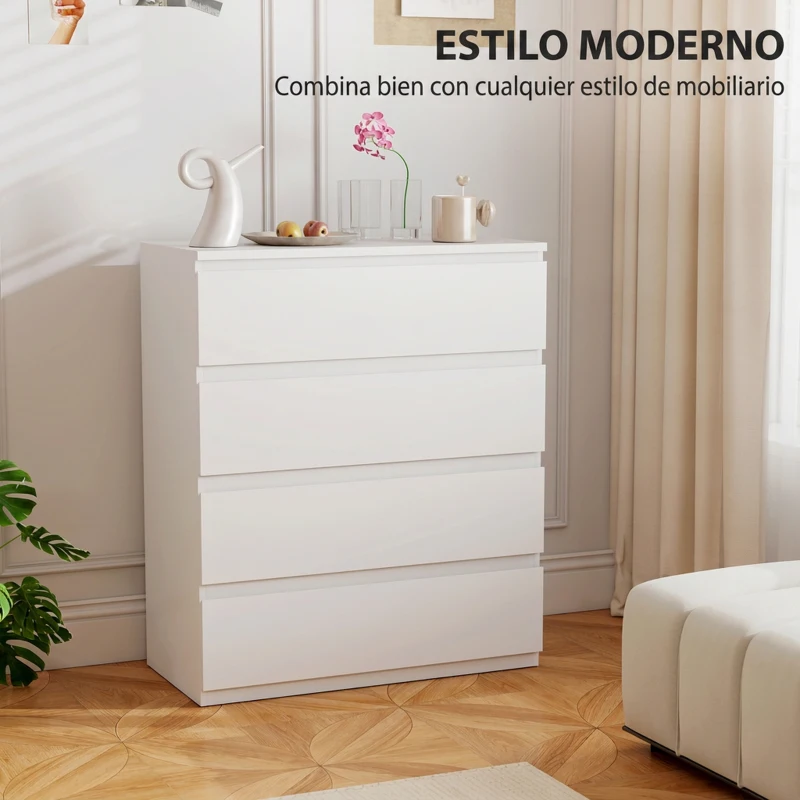 HOMCOM Cómoda con 4 Cajones Cajonera para Dormitorio Moderno Cierre Suave para Salón Vestidor Entrada 80x39x95 cm Blanco