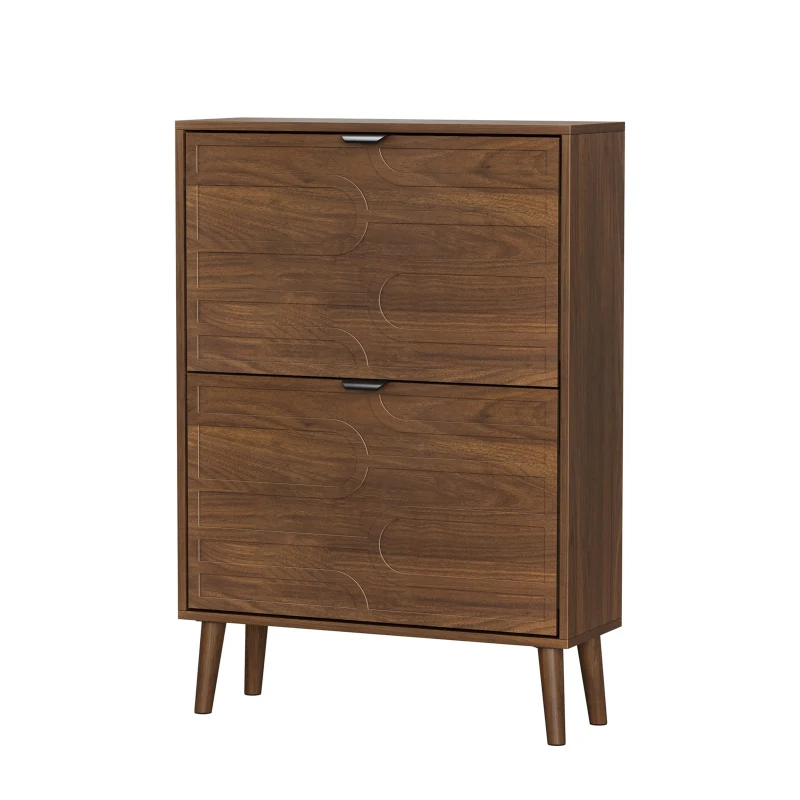 Farmhouse Walnut Shoe Storage Cabinet with 2 Flip Drawers, Slim Fence Shoe Cabinet for Corridor Entrance, 60L x 24W x 98H cm, Walnut