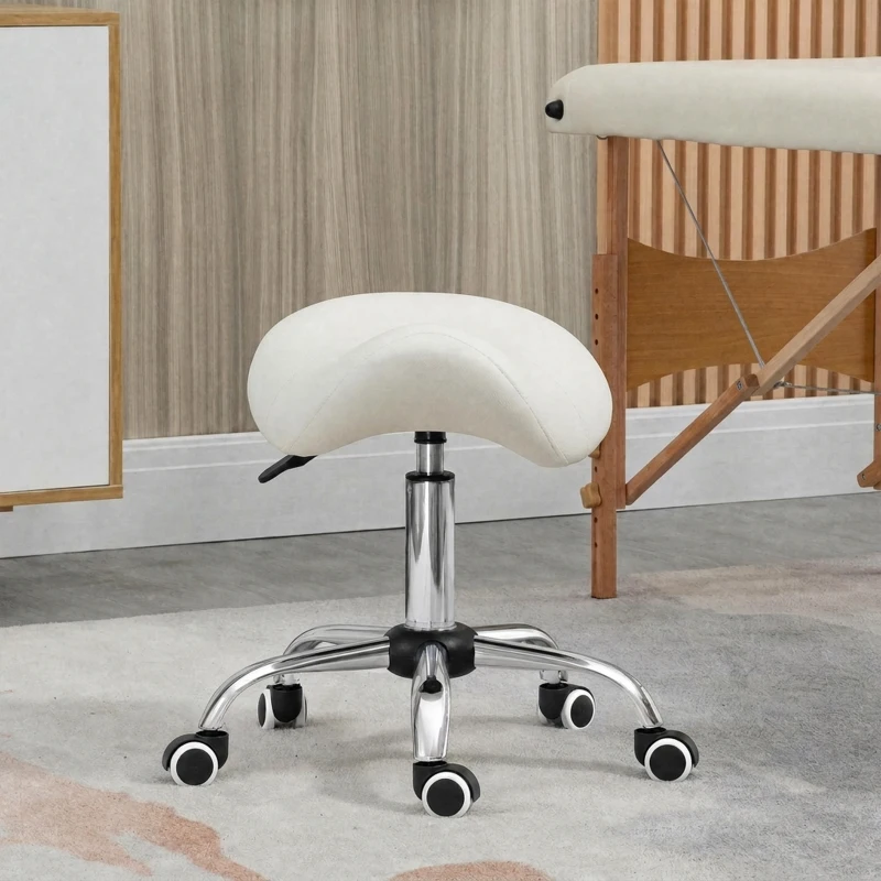 HOMCOM Taburete con Ruedas Taburete Giratoria con Altura Ajustable Taburete Cosmética Dentista Peluqueria 52x53x49-61cm Blanco