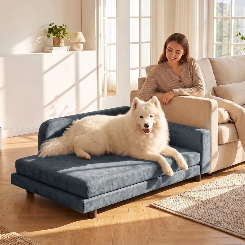 PawHut Canapé pour Chien Lit pour Chien Coussin Déhoussable Lavable Dossier Haut Accoudoirs Velours 101x66x34,5cm Gris