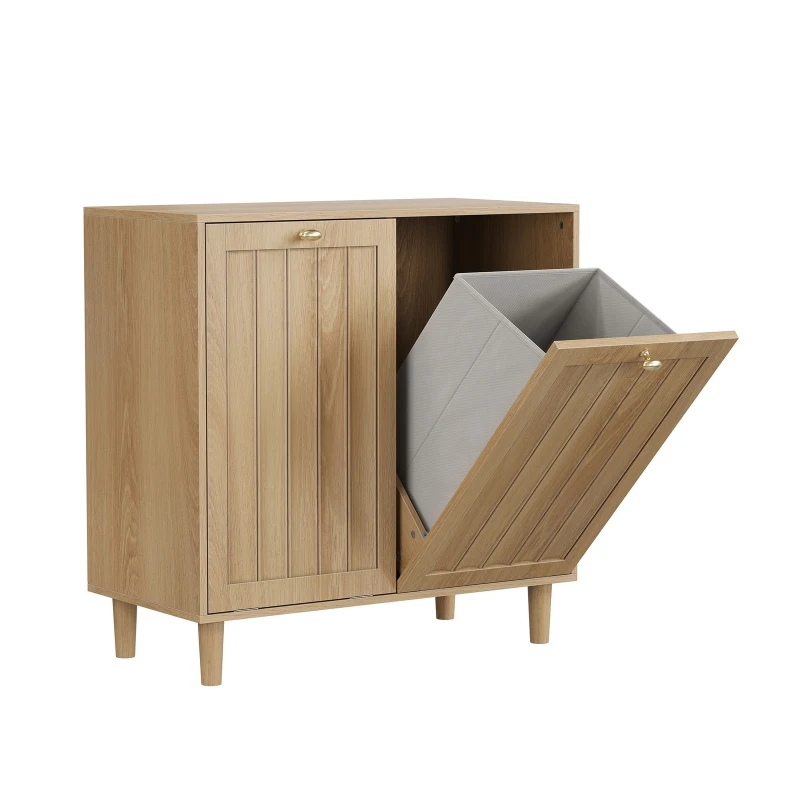 Slanted Laundry Cabinet with 2 Removable Inner Baskets, Freestanding Storage Unit for Bathroom and Laundry, 69.5L x 35W x 70.5H cm, Oak