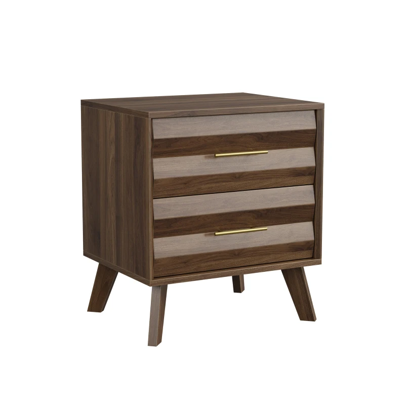 Sturdy Walnut Double Drawer Bedside Table with Metal Handles, Sleek Bedside Storage Cabinet for Bedroom, 50L x 40W x 58H cm, Walnut