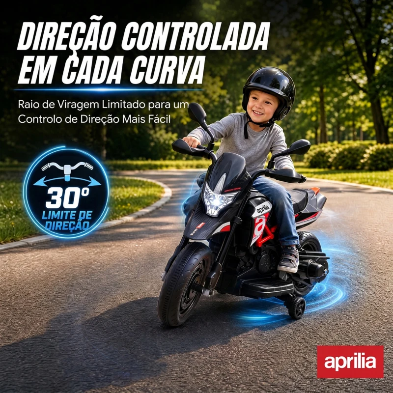 AIYAPLAY Mota Elétrica Infantil 6V com Licença APRILIA, Rodas de Apoio, Frente/Trás, Bateria de Lítio, Música, Vermelha