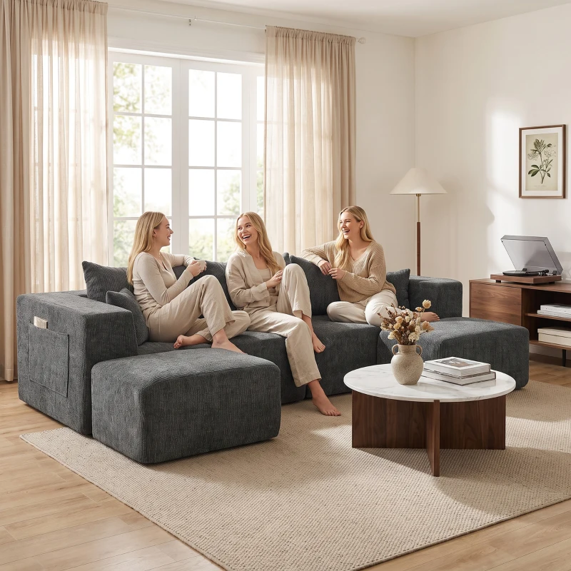 HOMCOM Sofá Modular en U de 3 Plazas con 2 Otomanas Bolsillos Sofá de Chenilla con Asiento Ancho No Requiere Montaje Gris