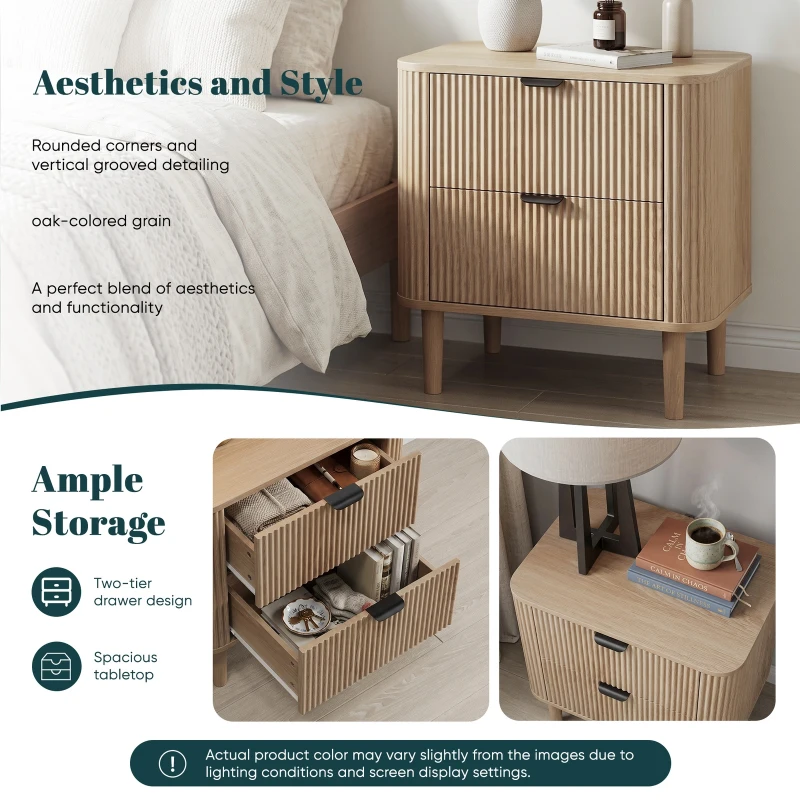 Nordic Farmhouse Bedside Table with 2 Drawers, Practical Oak Storage Side Cabinet for Bedroom Living Room, 57L x 40W x 57H cm, Oak
