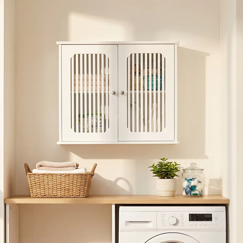 Wall-Mounted Bathroom Cabinet with Louvered Double Doors, Modern Medicine Cabinet for Bathroom and Hallway, 60L x 20W x 52H cm, White