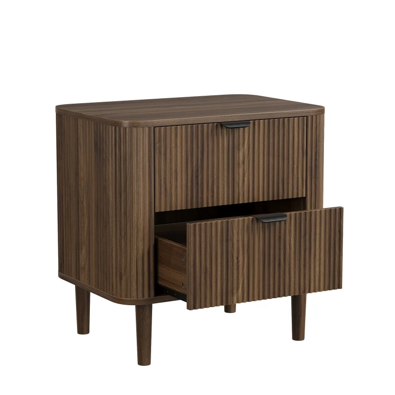Modern Walnut-Effect Bedside Cabinet with 2 Drawers and Fluted Fronts, Retro Storage for Bedrooms and Offices, 57L x 40W x 57H cm, Walnut