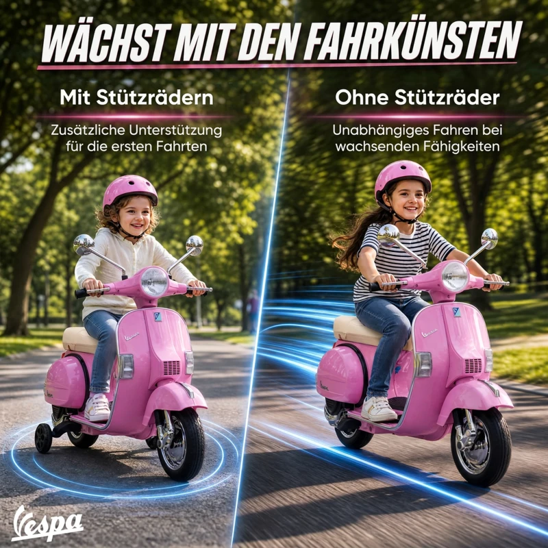 AIYAPLAY Vespa PX150 elektrische kindermotor 12V met lithium-accu, 2 motoren en 25° stuurbegrenzing - voor 3-6 jaar