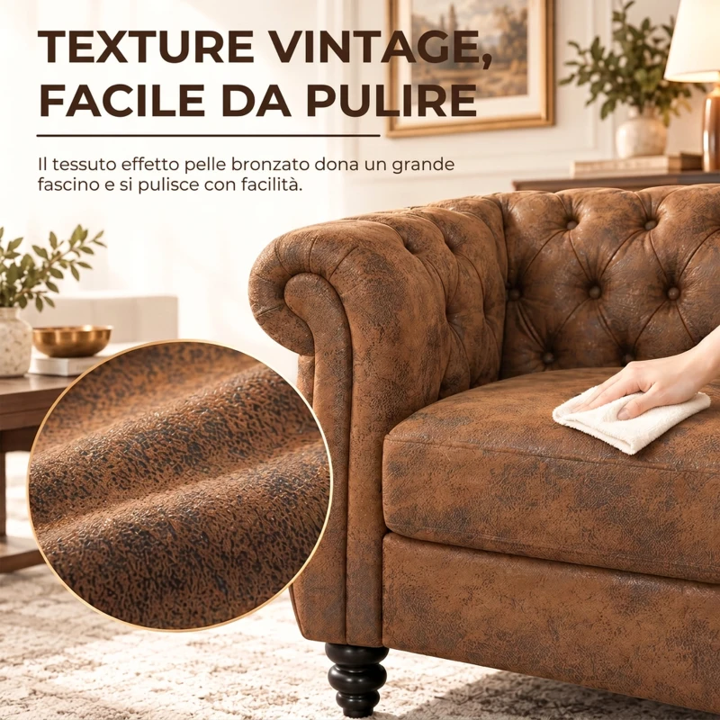 HOMCOM Divano 3 Posti Chesterfield con Seduta Ampia in Tessuto Effetto Pelle, 206x82x76 cm, Caffè