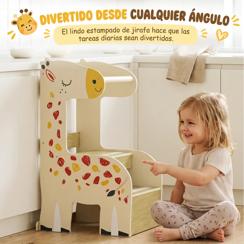 AIYAPLAY Torre de Aprendizaje Montessori Infantil Diseño de Jirafa de Madera con 2 Escalones Anchos Barandilla 3-8 Años Amarillo