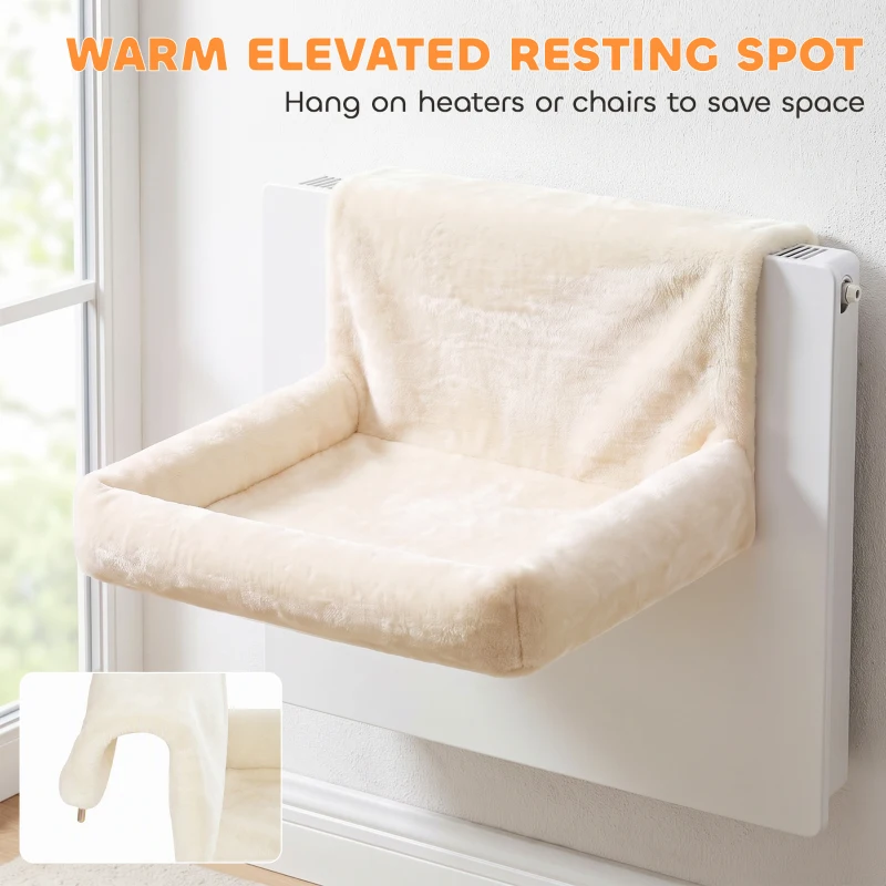 PawHut Cat Radiator Bed, Hanging Warm Hammock w/ Foldable Metal Frame, Removable Washable Cover, Cream
