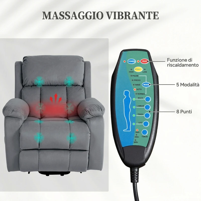 HOMCOM Poltrona Alzapersona a 8 Punti Massaggianti e Tasca Portaoggetti, in Finta Pelle e Acciaio, 90x95x103 cm, Grigia