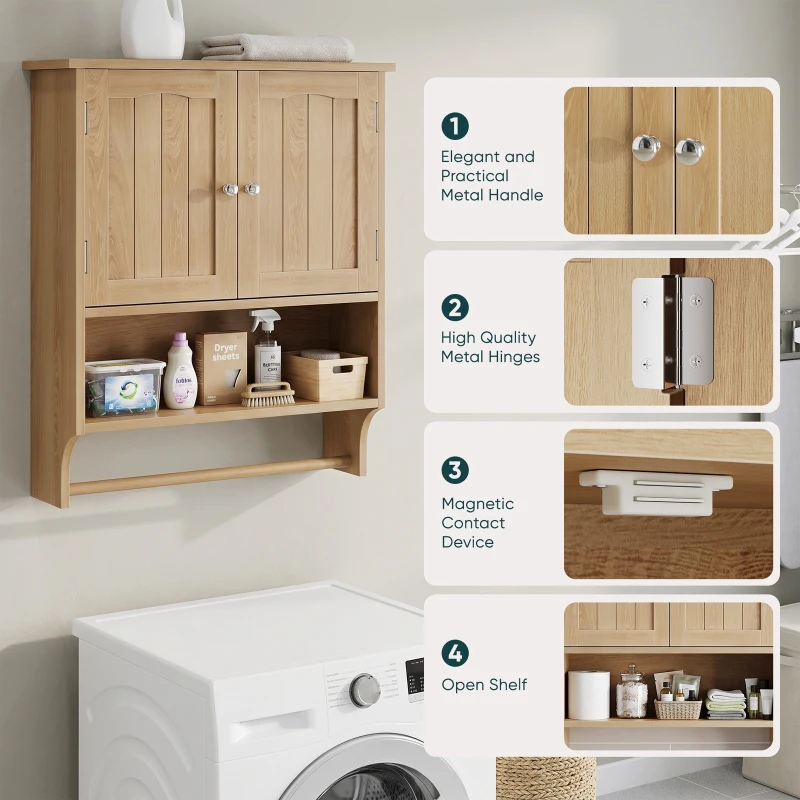 Waterproof Oak Bathroom Cabinet with Towel Rack, Space-Saving Wall-Mounted Vanity for Bathroom Laundry Kitchen, 60L x 20W x 70H cm, Oak