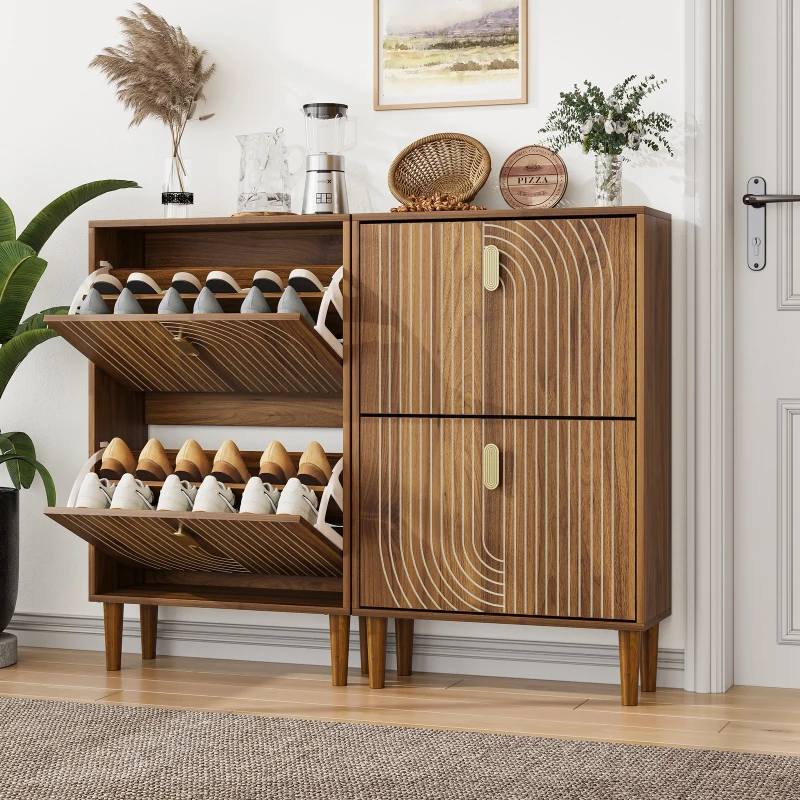 Minimalist Walnut Shoe Storage Cabinet with 2 Flip Drawers, Freestanding Shoe Rack Cabinet for Entryway, 60L x 24W x 96H cm, Walnut