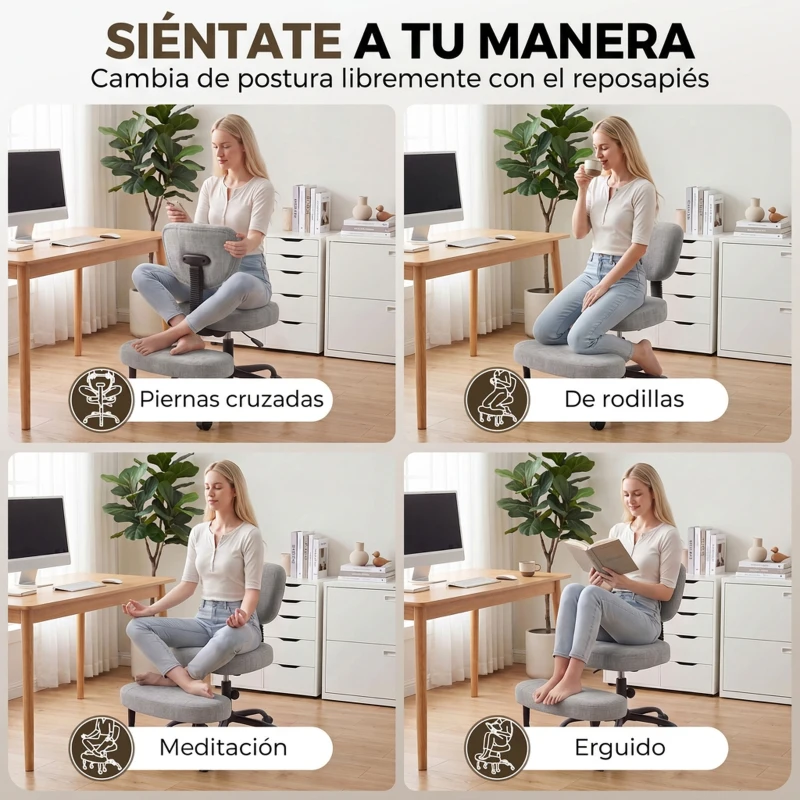 HOMCOM Silla de Oficina Ergonómica para Piernas Cruzadas Giratoria 360° Ruedas PU Altura Ajustable para TDAH Meditación Gris