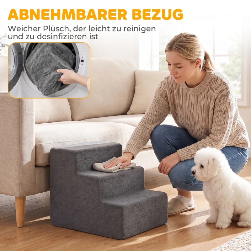 PawHut Hundetreppe 3-Stufig Abnehmbarer Bezug Für Kleine Hunde 35 cm Dunkelgrau