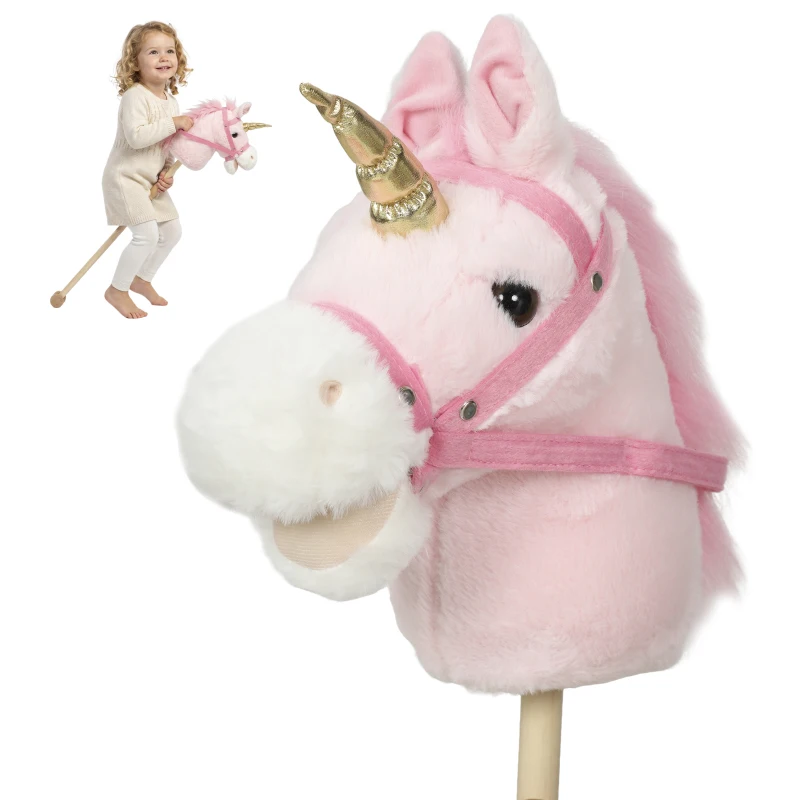 AIYAPLAY Hobby Horse with Wood Wheels, Stick Horse with Grip Handle, Sound, Plush Hobby Horse Toy for Imaginative Play, Pink
