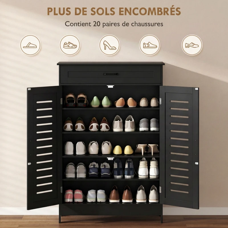 HOMCOM Meuble à chaussures 20 paires, armoire à chaussures avec 2 portes persiennes, tiroir et étagères réglables, noir