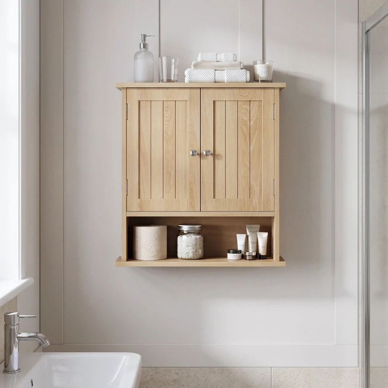 Wall-Mounted Vanity with Double Doors and Adjustable Shelf, Waterproof Wall Cabinet for Bathroom and Kitchen, 55L x 20W x 60H cm, Oak