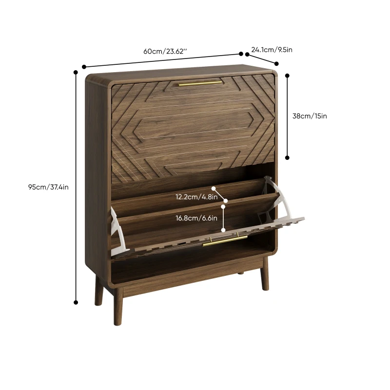 Mid-Century Walnut Shoe Storage Cabinet with 2 Flip Drawers, Freestanding Shoe Cabinet for Entry Hallway, 60L x 24W x 95H cm, Walnut
