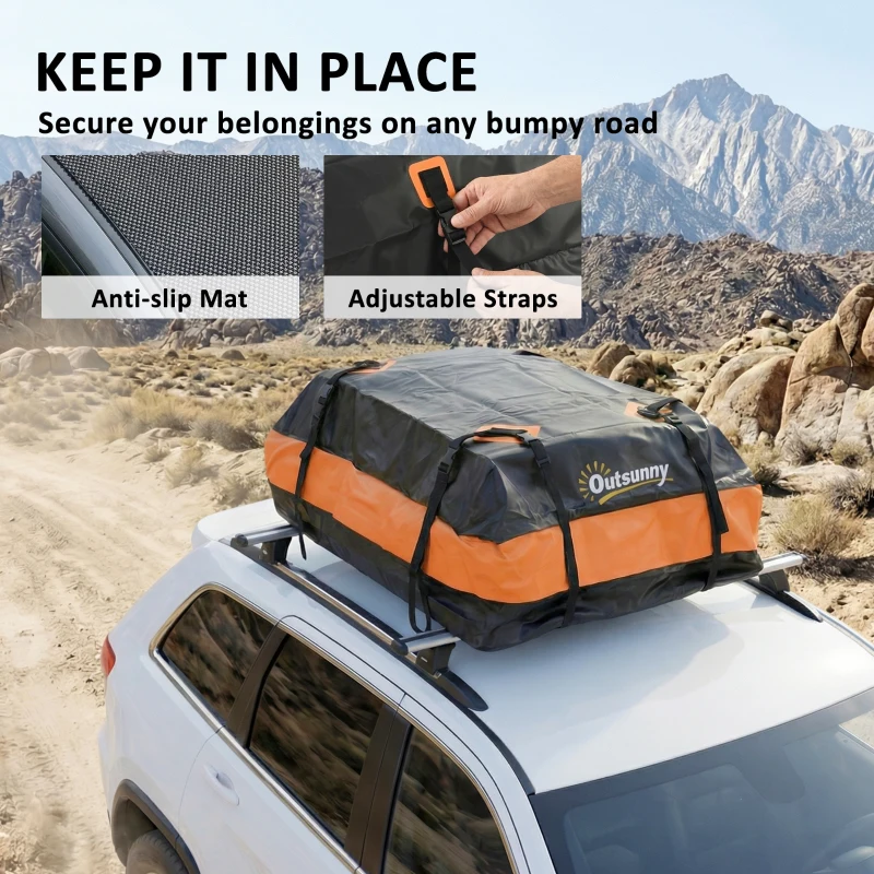 Outsunny Car Roof Bag, 425 L Soft Car Roof Box, 8 Reinforced Straps, Anti-Slip Mat, Vehicles with/without Racks, Orange