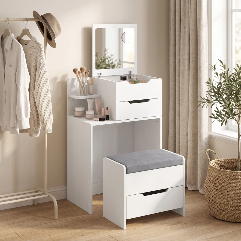 HOMCOM Vanity Desk Flip Top Hidden Mirror Vanity Rolling Stool Open Shelf White Wood Effect