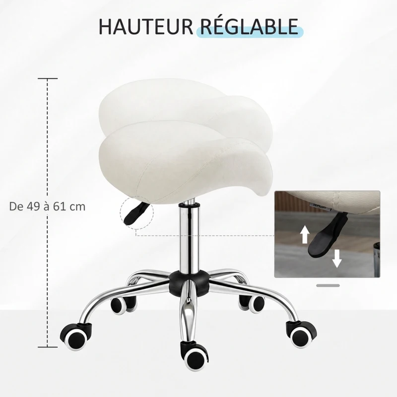 HOMCOM Tabouret à roulettes, tabouret de massage avec hauteur réglable 49-61 cm et selle ergonomique, chaise de travail à roulettes pivotant 360°, pour salon de massage tatouage clinique spa, blanc