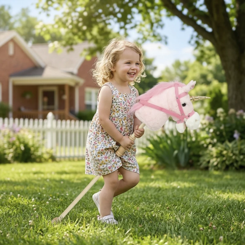 AIYAPLAY Hobby Horse with Wood Wheels, Stick Horse with Grip Handle, Sound, Plush Hobby Horse Toy for Imaginative Play, Pink