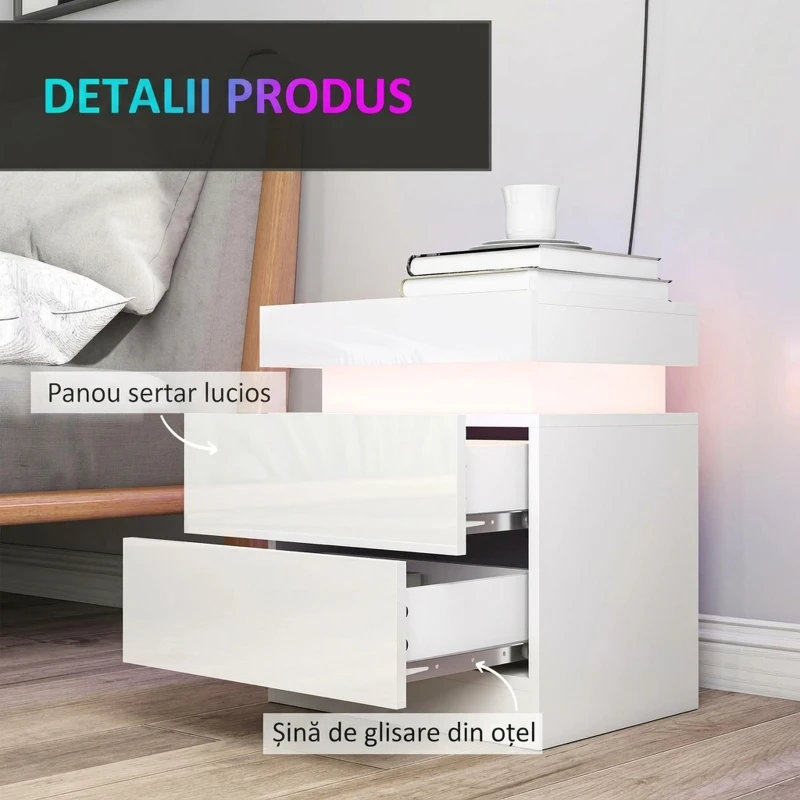 HOMCOM Noptieră albă cu lumină LED, finisaj frontal lucios, 2 sertare, pentru living și dormitor