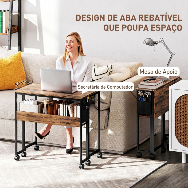 HOMCOM Secretária Dobrável com Rodas, Prateleira e Bolsa de Arrumação, Ideal para Espaços Pequenos, 80x50x75 cm, Castanho Rústico
