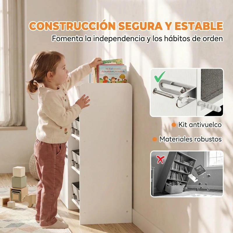 AIYAPLAY Estantería Infantil Juguetes con 8 Cestas de Tela Cajón con Ruedas Librería Estante Abierto 3-8 Años 109x30x80cm Blanco