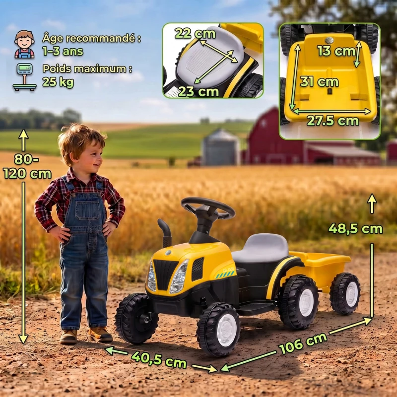 AIYAPLAY Tracteur Électrique Enfants 6 V avec Remorque Amovible, Voiture Électrique Enfants, Batterie au Lithium, 1-3 ans, Jaune