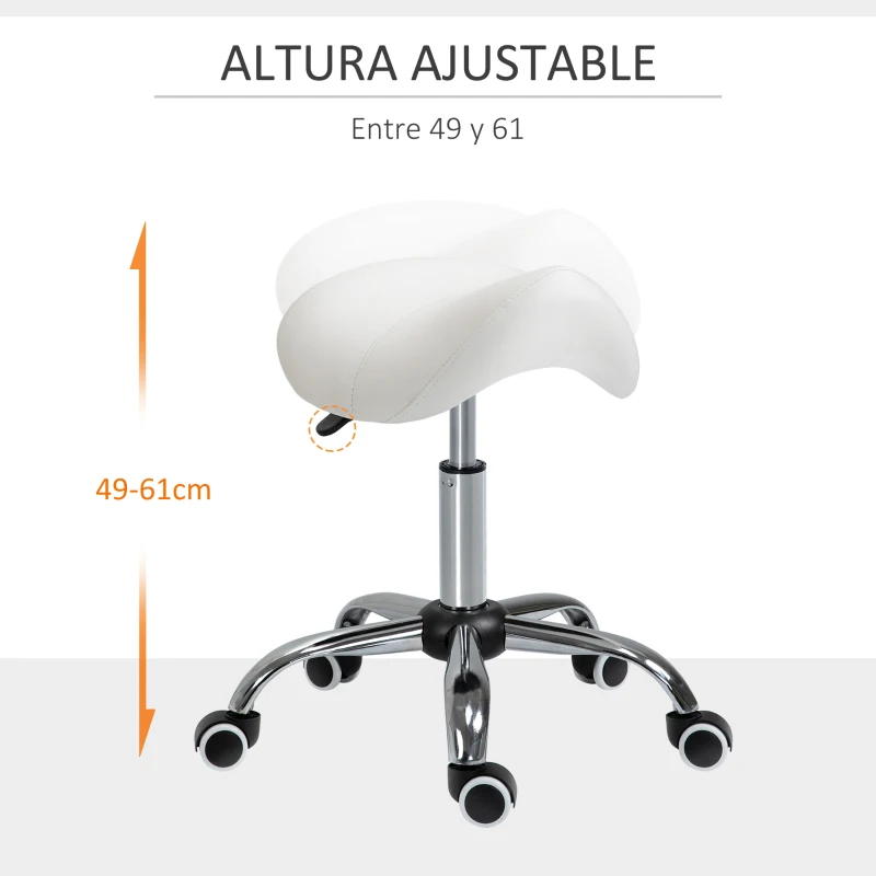HOMCOM Taburete con Ruedas Taburete Giratoria con Altura Ajustable Taburete Cosmética Dentista Peluqueria 52x53x49-61cm Blanco
